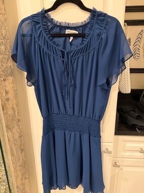 BCBGMaxAzria Royal Blue Flutter Sleeve Tie-Neck Mini Dress